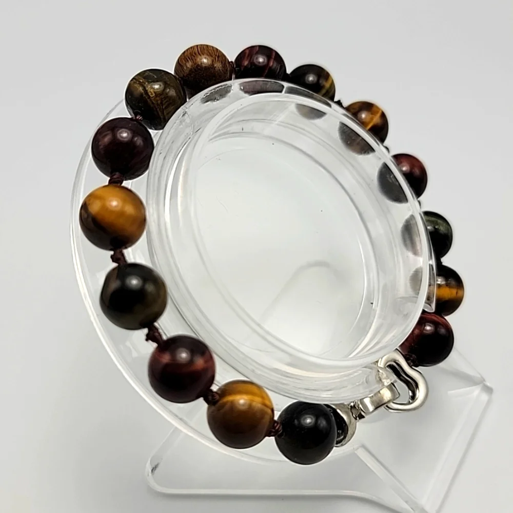 Gold Green Red 10mm Tiger Eye Beaded Bracelet Hand Knotted Silver Tone Clasp